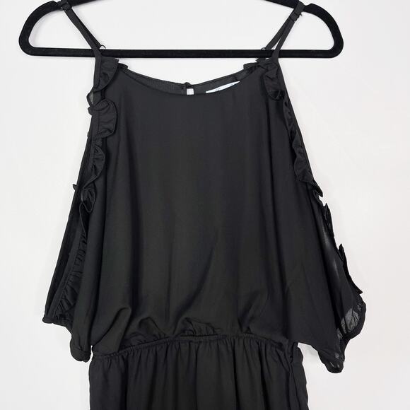 She + Sky Small S Black Ruffled Cold Shoulder Romper Scoop Neck Keyhole - Picture 3 of 10